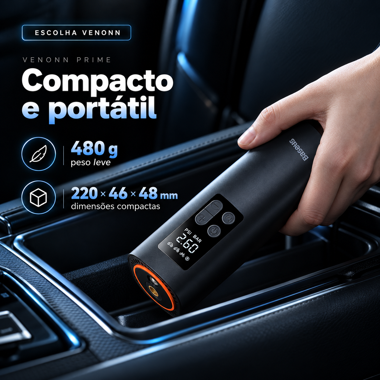 Compressor Portátil Baseus 150 PSI — Compressor portátil Baseus de até 150 PSI com visor digital e acionamento simples, pensado para calibrar pneus de carros, motos, bicicletas e outros infláveis.