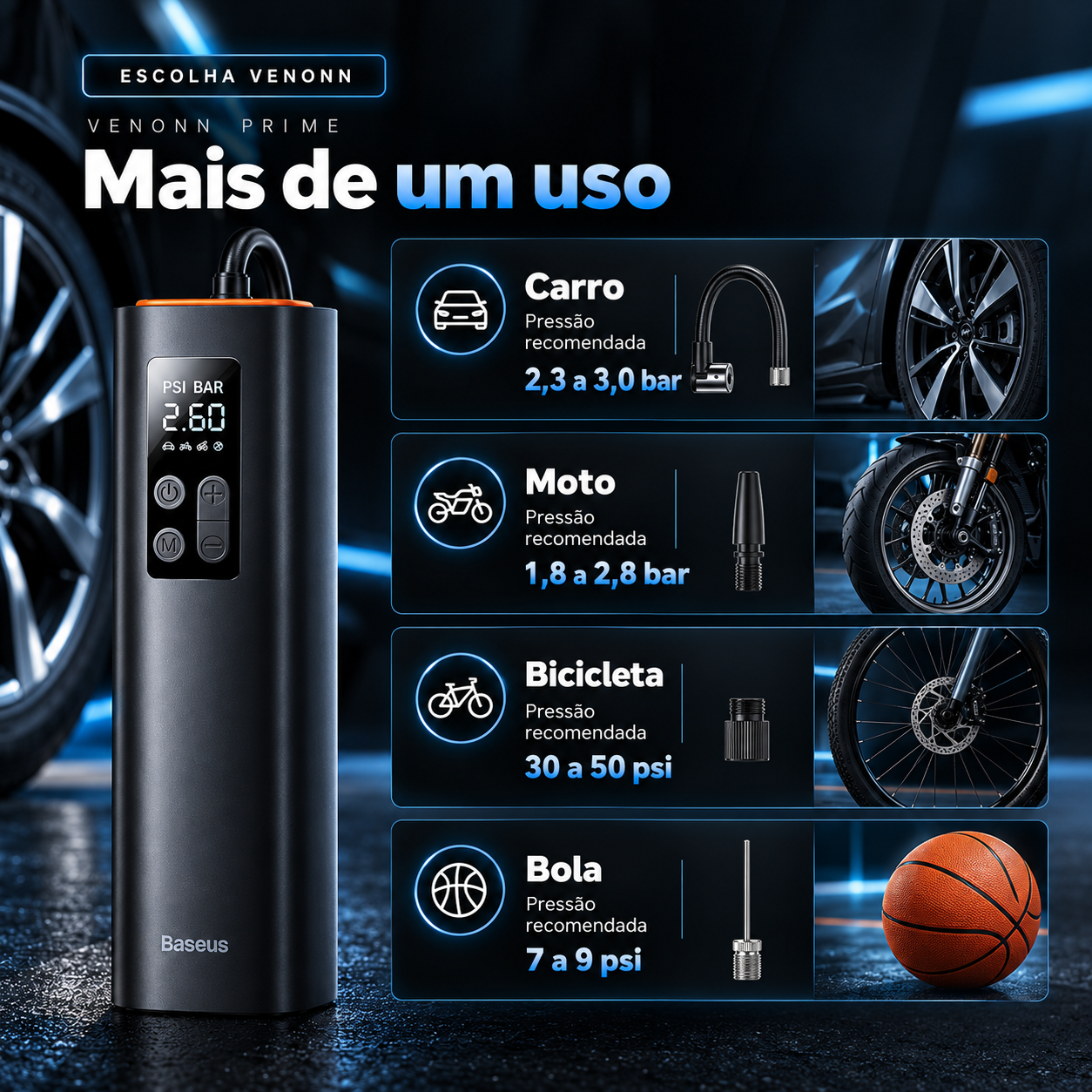 Compressor Portátil Baseus 150 PSI — Compressor portátil Baseus de até 150 PSI com visor digital e acionamento simples, pensado para calibrar pneus de carros, motos, bicicletas e outros infláveis.