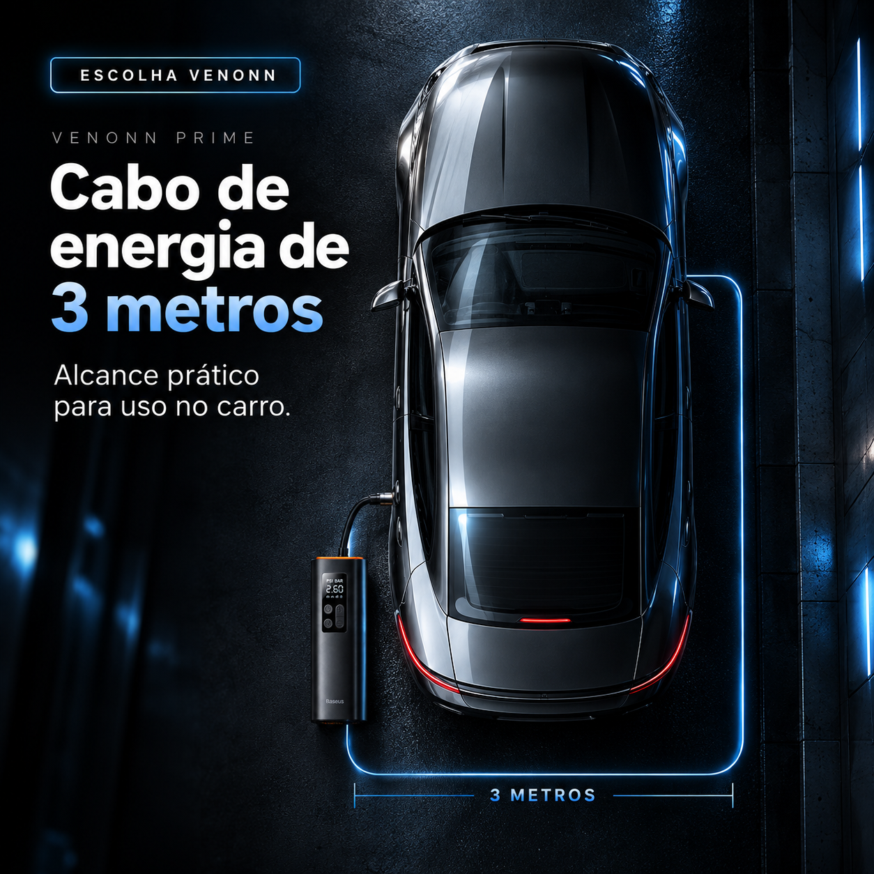 Compressor Portátil Baseus 150 PSI — Compressor portátil Baseus de até 150 PSI com visor digital e acionamento simples, pensado para calibrar pneus de carros, motos, bicicletas e outros infláveis.