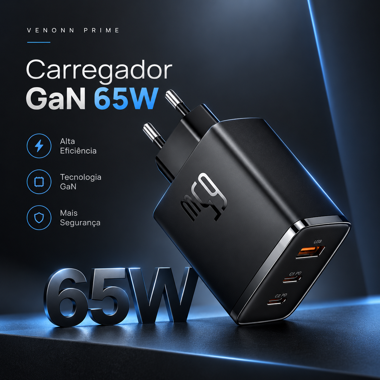 Carregador GaN 65W Compacto – 3 Portas — Carregador GaN compacto de até 65W, com USB-C Power Delivery e USB-A. Alta potência em tamanho reduzido para carregar smartphones, tablets, notebooks e acessórios com praticidade.