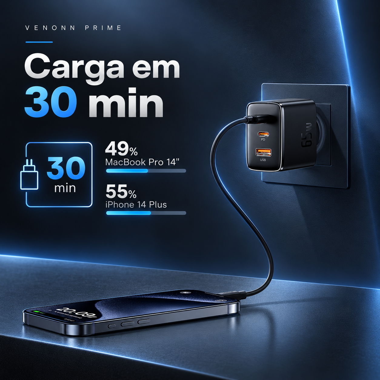 Carregador GaN 65W Compacto – 3 Portas — Carregador GaN compacto de até 65W, com USB-C Power Delivery e USB-A. Alta potência em tamanho reduzido para carregar smartphones, tablets, notebooks e acessórios com praticidade.