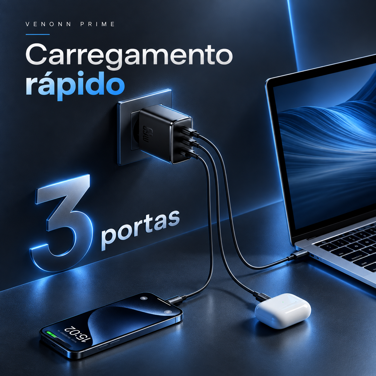 Carregador GaN 65W Compacto – 3 Portas — Carregador GaN compacto de até 65W, com USB-C Power Delivery e USB-A. Alta potência em tamanho reduzido para carregar smartphones, tablets, notebooks e acessórios com praticidade.