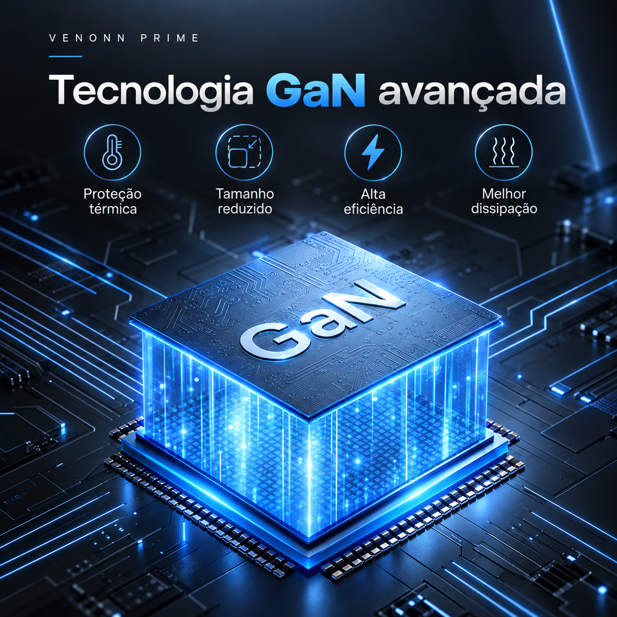 Carregador GaN 65W Compacto – 3 Portas — Carregador GaN compacto de até 65W, com USB-C Power Delivery e USB-A. Alta potência em tamanho reduzido para carregar smartphones, tablets, notebooks e acessórios com praticidade.